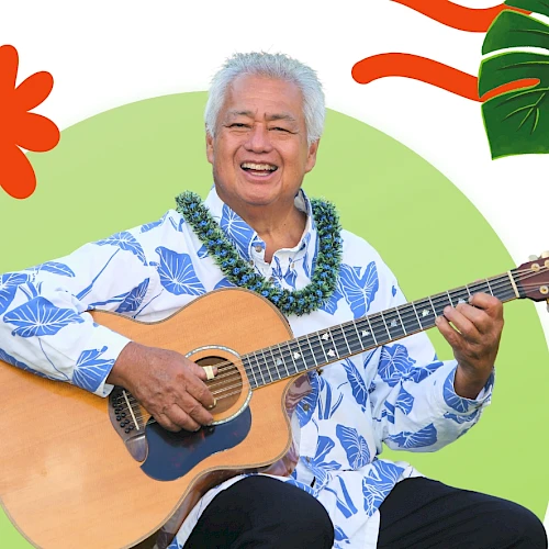 A cheerful man wearing a Hawaiian shirt plays an acoustic guitar, smiling, with tropical graphics in the background.