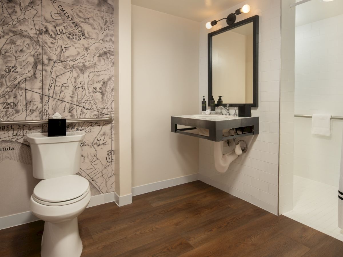A modern bathroom with a wall map mural behind the toilet, a floating sink with a large mirror, and a glass-enclosed shower; wood-like flooring.