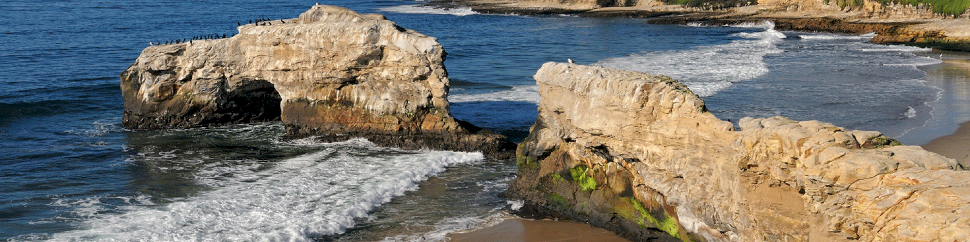 A coastal scene with rocky cliffs, a small sandy beach, ocean waves, and houses in the distance under a clear blue sky.