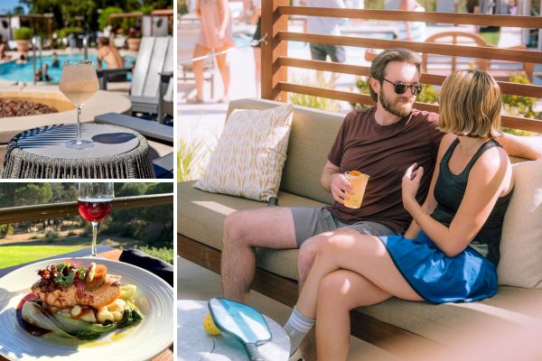 A relaxing scene with a couple sitting on a couch, beside images of a poolside drink, a glass of wine, and a gourmet meal.