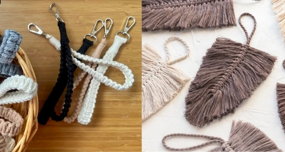 The image shows braided keychains with metal clips in a basket on the left, and macramé feather decorations in various neutral tones on the right.