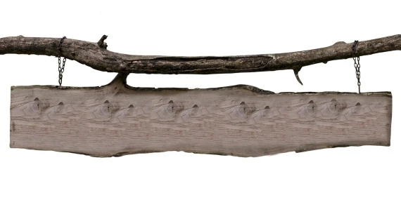 The image shows a blank wooden sign hanging from a horizontal branch using two metal chains. The sign has a natural, rustic appearance.