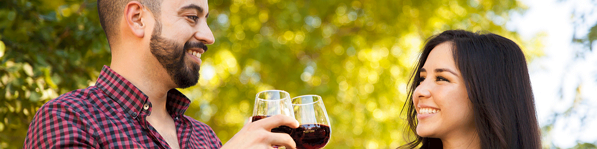 A man and woman are toasting with glasses of red wine while standing outside against a background of green trees and sunshine.