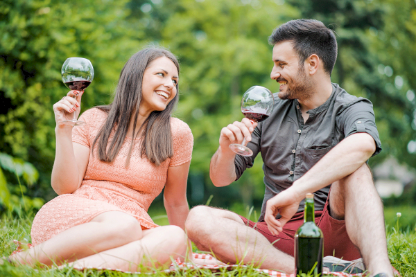 A couple is sitting on a picnic blanket outdoors, each holding a glass of wine, smiling and enjoying each other's company.