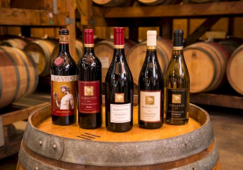 The image features five wine bottles displayed on a wooden barrel in a wine cellar. The background includes other wine barrels.