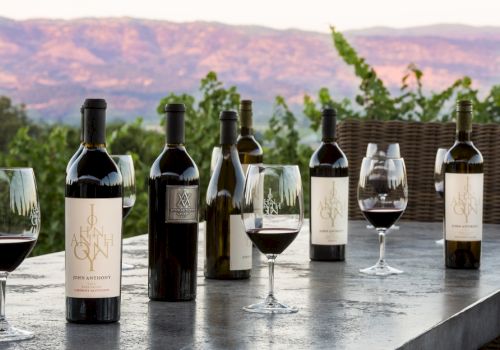 The image shows several bottles of wine and wine glasses on a table with a scenic background of mountains and vineyards.