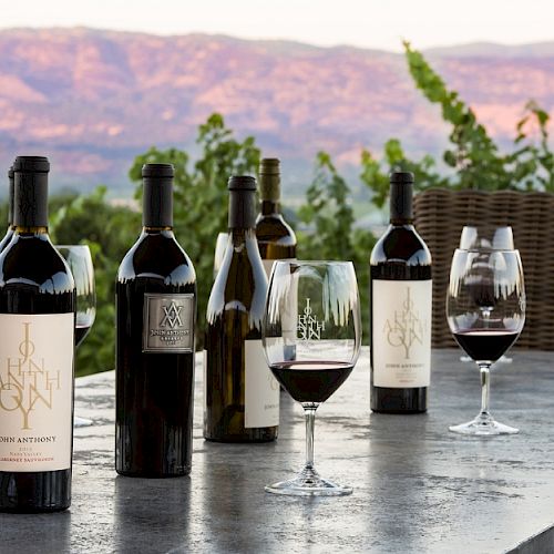 The image shows several bottles of wine and wine glasses on a table with a scenic background of mountains and vineyards.