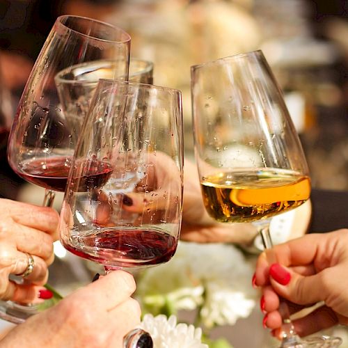 Several hands holding wine glasses in a toast, with both red and white wine visible.