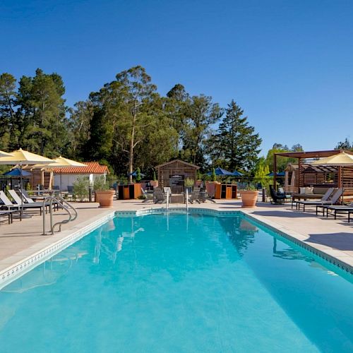 A serene outdoor pool area with lounge chairs, umbrellas, and a clear blue sky, surrounded by lush green trees and wooden structures in the background.