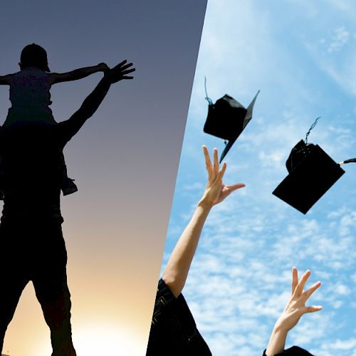 On the left, a silhouette of a person with a child on their shoulders at sunset; on the right, graduation caps being thrown into the air.