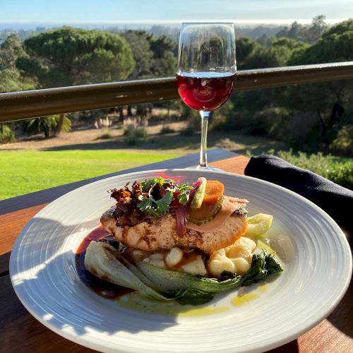 A plated gourmet dish and a glass of red wine are set on an outdoor table with a scenic landscape in the background.