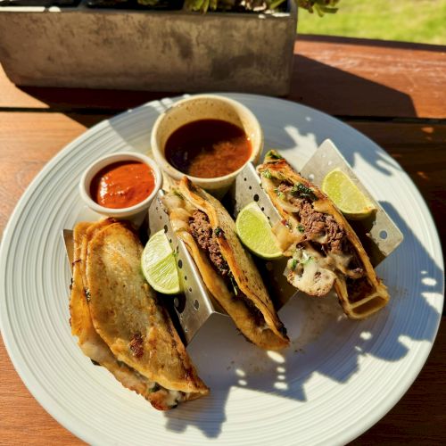 The image portrays three tacos on a plate with lime wedges and two small dipping sauces, set on a wooden table with a plant pot in the background.