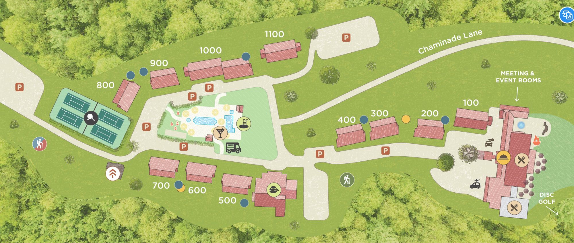 This image shows a resort map with various facilities, including tennis courts, lodges, a pool area, meeting rooms, and disc golf.