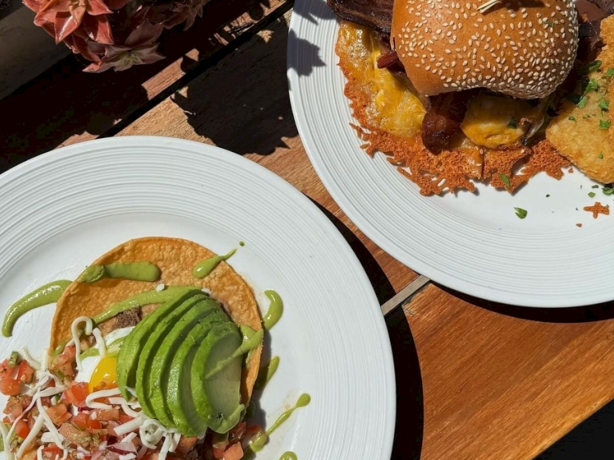 The image shows a burger with sesame seed bun and fries on one plate, and a dish with avocado, salsa, and sauce on another plate.