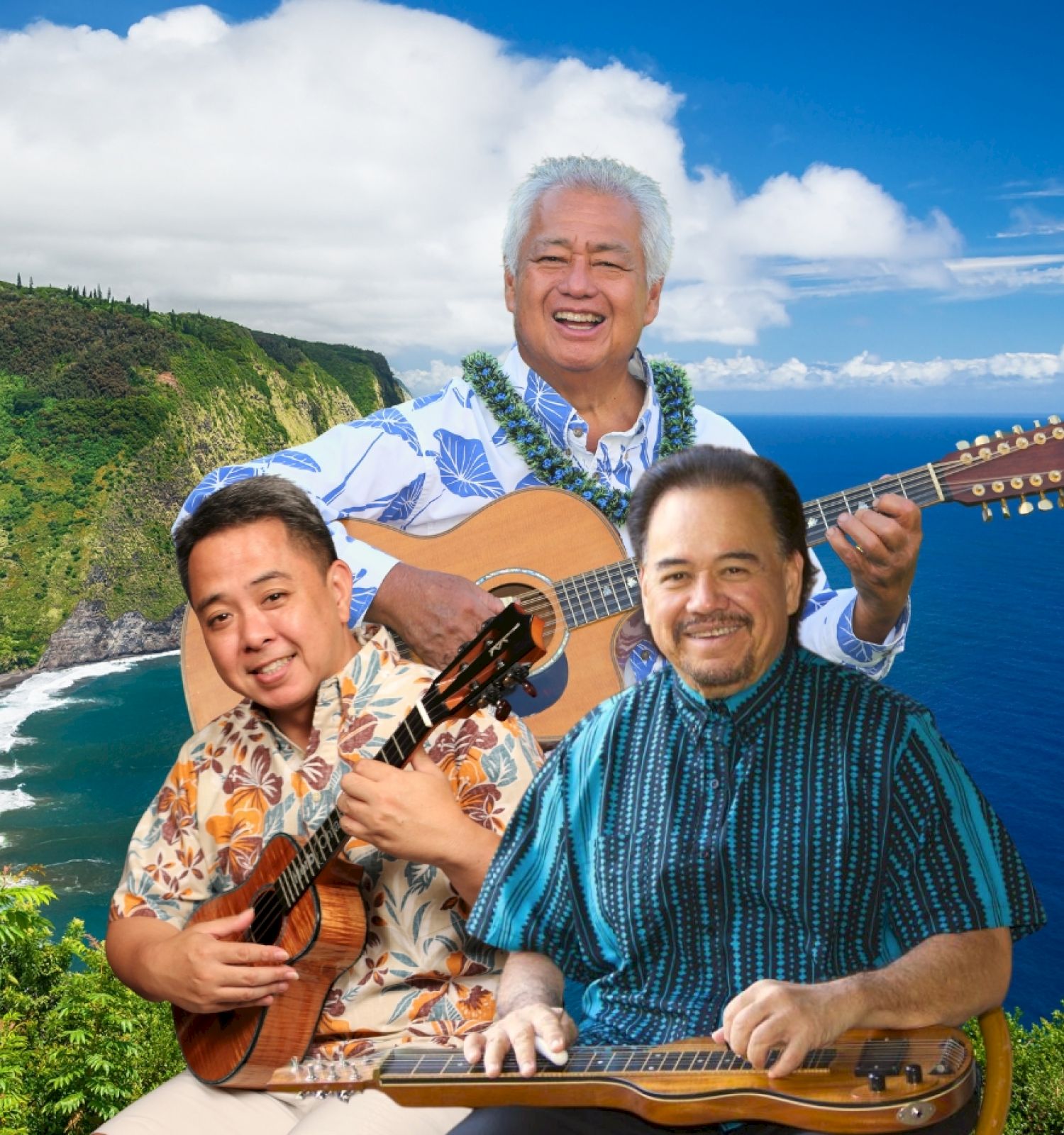 Three people playing string instruments with a beautiful coastal landscape in the background, all smiling and dressed in colorful shirts.