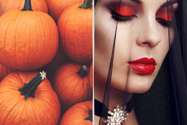 The image features a collection of pumpkins on the left and a woman with dramatic makeup and a black veil on the right, evoking a Halloween theme.