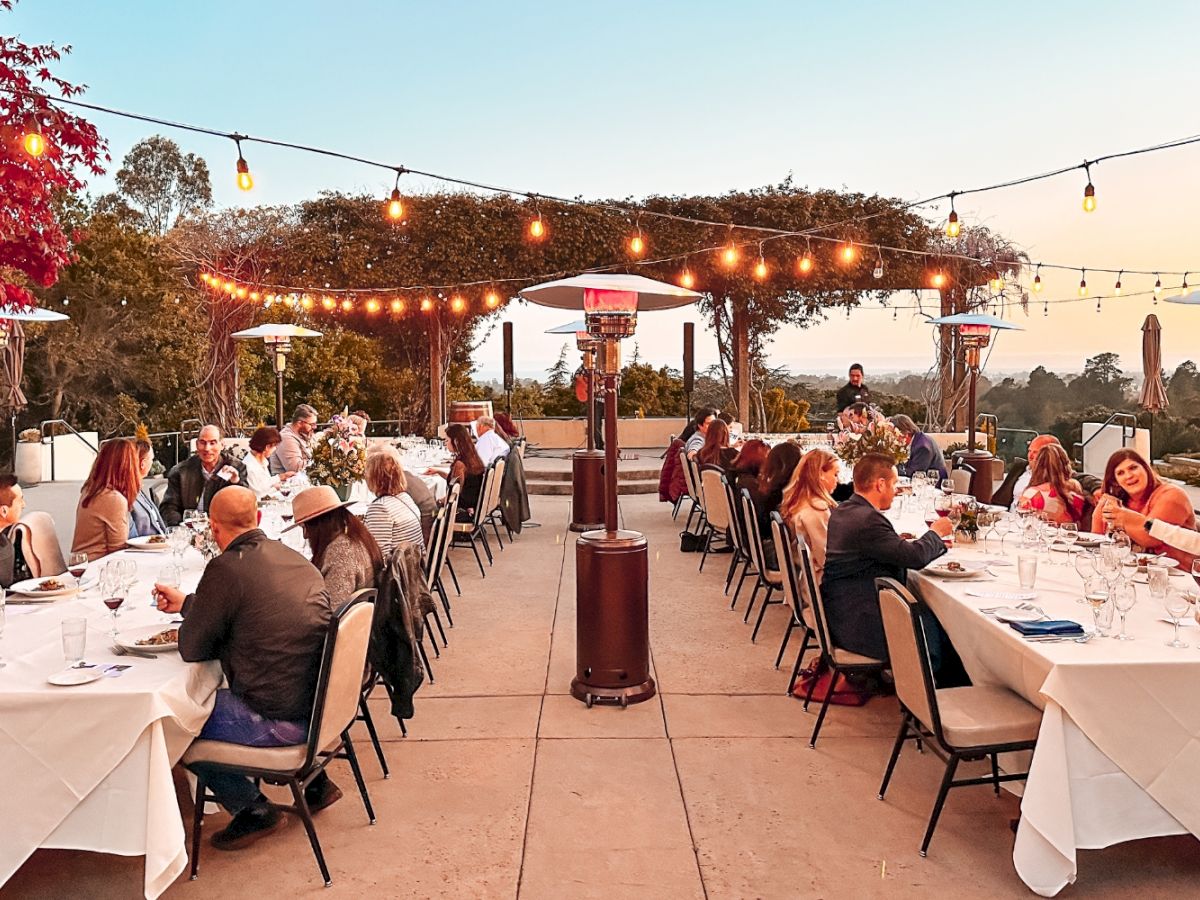 Outdoor dining setup with long tables, decorated with string lights and heaters, surrounded by trees and a scenic view at sunset.