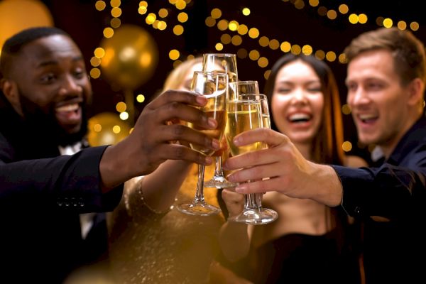 A group of smiling people dressed up, clinking champagne glasses in celebration, with festive lights and balloons in the background.