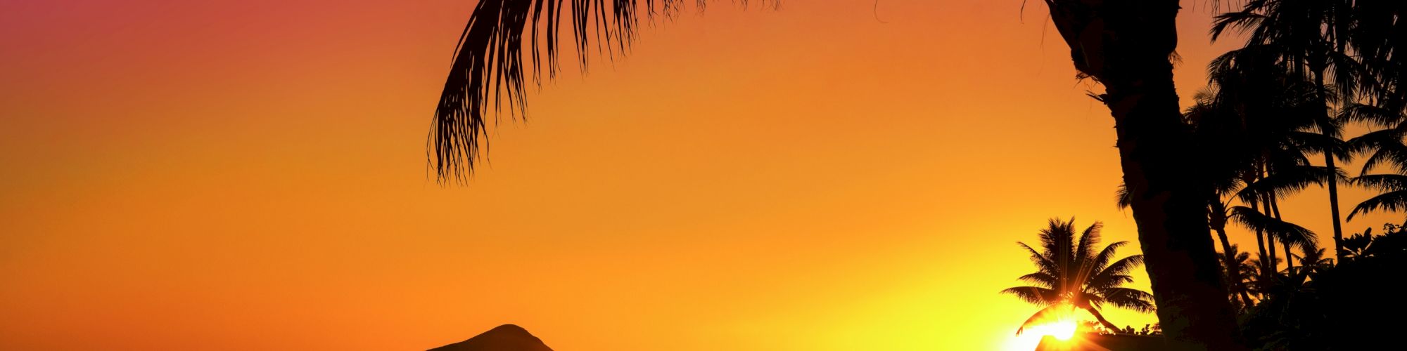 A beautiful sunset over the ocean with a silhouetted island and palm trees in the foreground.