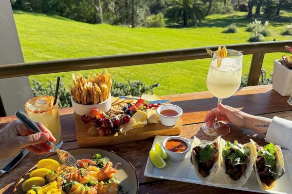 A scenic outdoor table with tacos, seafood, fries, drinks, and a view of a lush green lawn and trees under a clear sky.