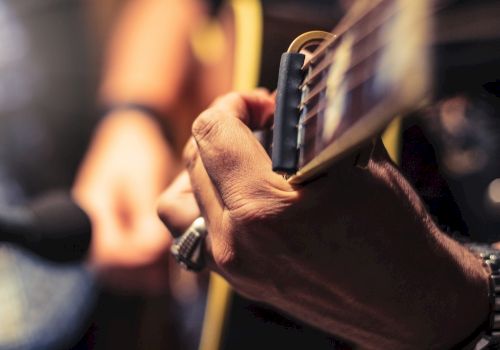 A close-up of a person playing an acoustic guitar, focusing on the hand and strings, with a blurred background.