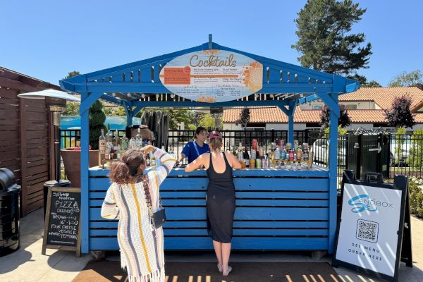 A blue outdoor cocktail stand with two customers ordering drinks in a sunny setting. There's signage and various bottles on display.