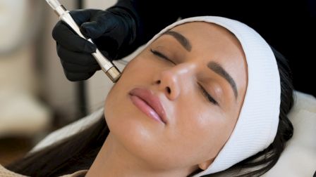A person receiving a facial treatment with a dermabrasion tool, wearing a headband, and having their eyes closed in relaxation.