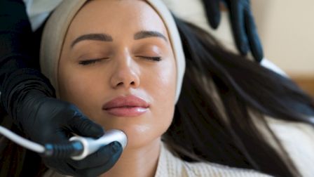 A woman with a headband is receiving a facial treatment using a device, while lying down, attended by a person wearing black gloves.