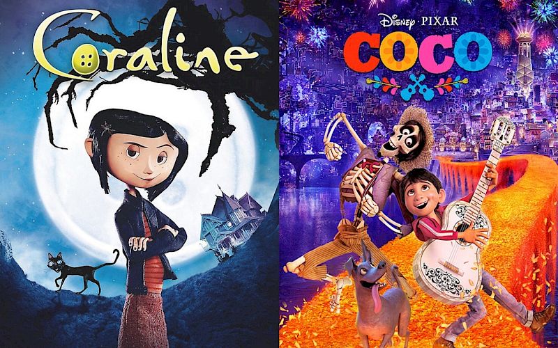 The image shows posters for the movies "Coraline" and "Coco," featuring the main characters in their respective settings.