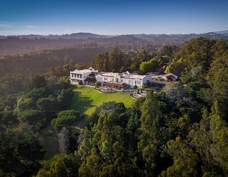 A lavish estate with white buildings sits on a grassy lawn surrounded by dense forest and rolling hills, basking in clear blue sky.