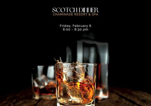A promotional poster for a Scotch whisky event featuring a glass with whiskey on a wooden bar, dark background, and event details.