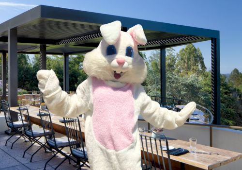 A person in a white and pink bunny costume is posing outside on a patio with tables and chairs.