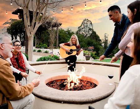 A group of friends sits around a fire pit while one person plays a guitar and sings at sunset.